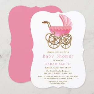 Invitación a Baby Shower de Pink & Gold Stroller P