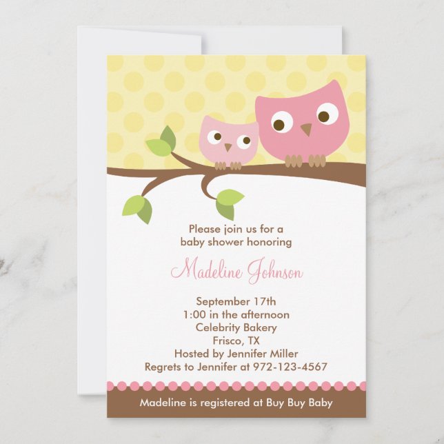 Invitación a Baby Shower de PInk Owls (Anverso)
