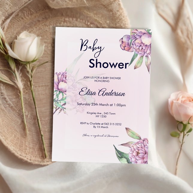 Invitación a Baby Shower de Pink Peony Floral (Pink Peony Floral Baby Shower Invite)