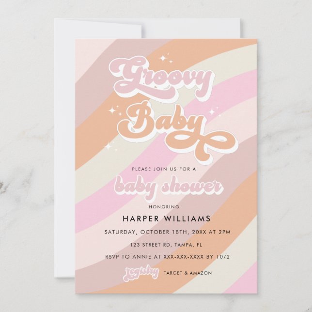 Invitación a Baby Shower de Pink Retro Groovy (Anverso)