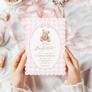 Invitación a Baby Shower de Pink Teddy Bear Gingha
