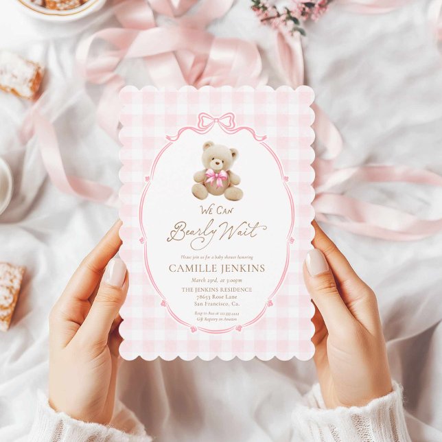 Invitación a Baby Shower de Pink Teddy Bear Gingha (Pink Teddy Bear Girl Baby Shower Invitation)