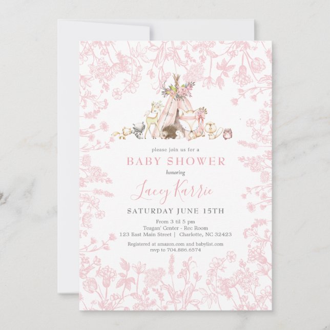 Invitación a Baby Shower de Pink Woodland (Anverso)