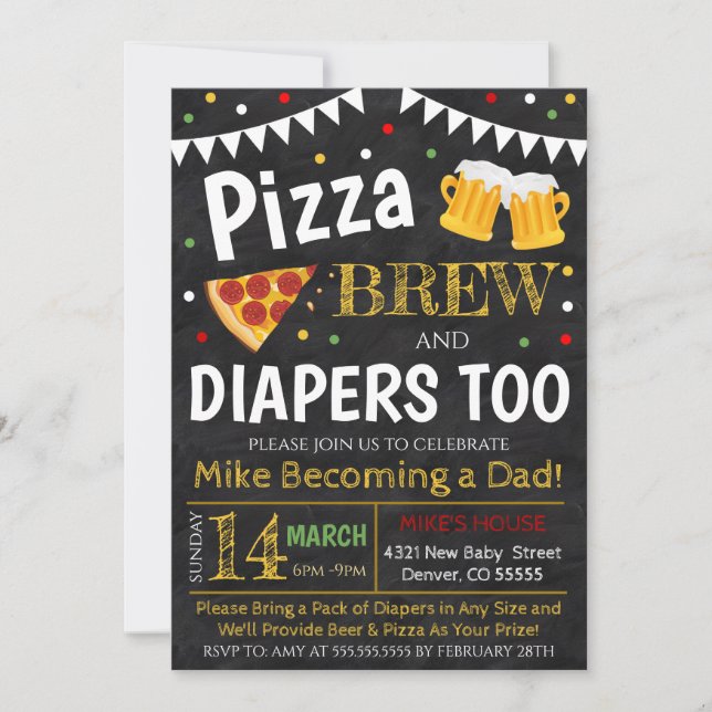 Invitación a Baby Shower de pizza y cerveza (Anverso)