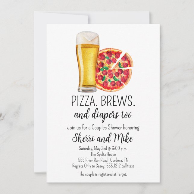 Invitación a Baby Shower de pizza y cerveza (Anverso)
