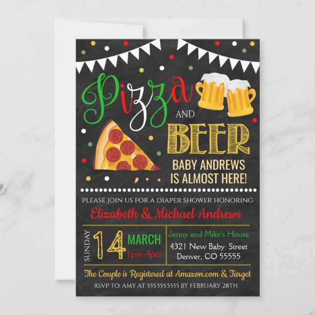 Invitación a Baby Shower de pizza y cerveza (Anverso)
