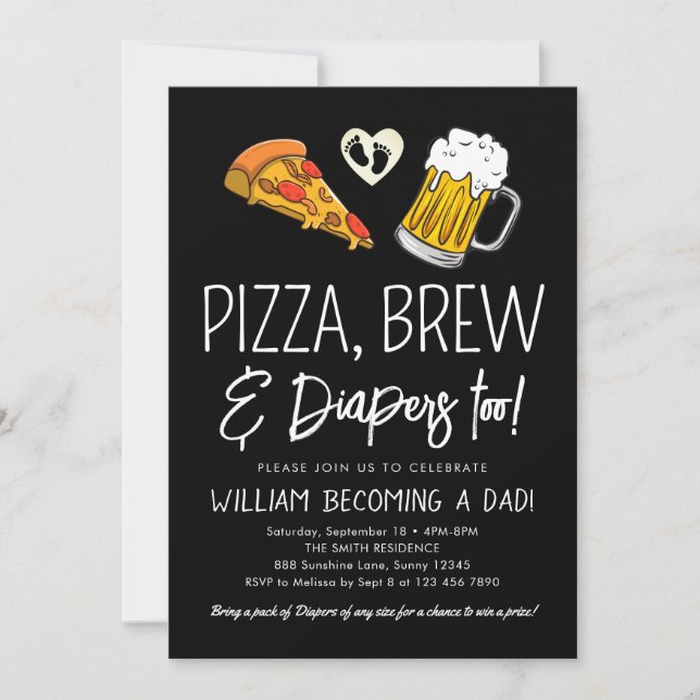 Invitación a Baby Shower de pizza y cerveza (Anverso)