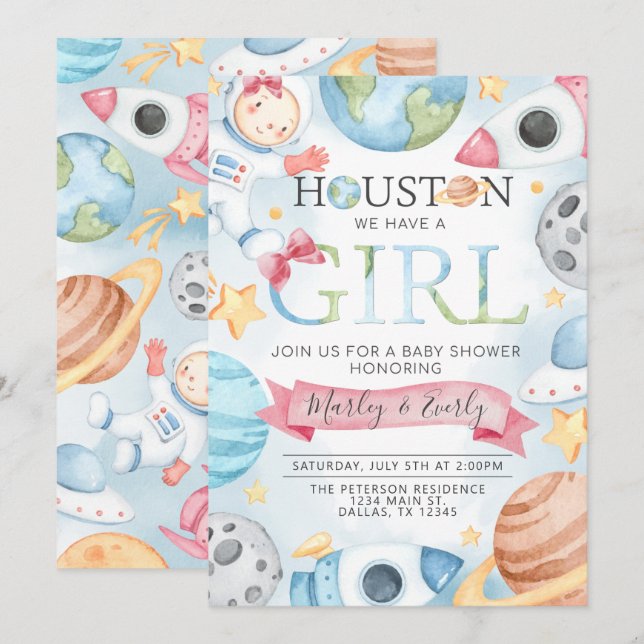 Invitación a Baby Shower de Planetas Espaciales Ch (Anverso / Reverso)