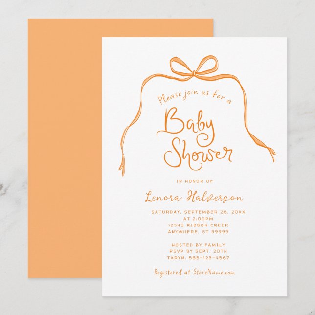 Invitación a Baby Shower de plegado simple naranja (Anverso / Reverso)