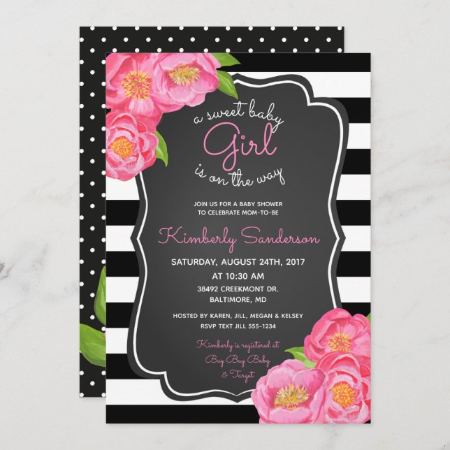 Invitación a Baby Shower de Polkadot Chica Pink Fl (Anverso / Reverso)