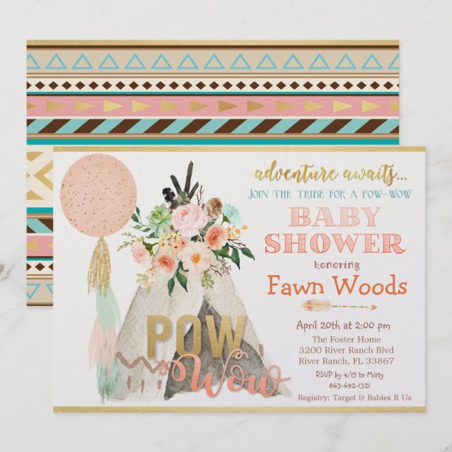Invitación a Baby Shower de Pow Wow Tribal Teepee  (Anverso / Reverso)