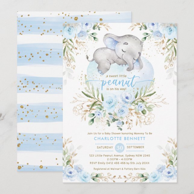 Invitación a Baby Shower de Powder Blue Elephant B (Anverso / Reverso)