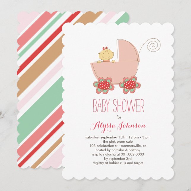 Invitación a Baby Shower de Pram Rosa Cute Baby Gi (Anverso / Reverso)