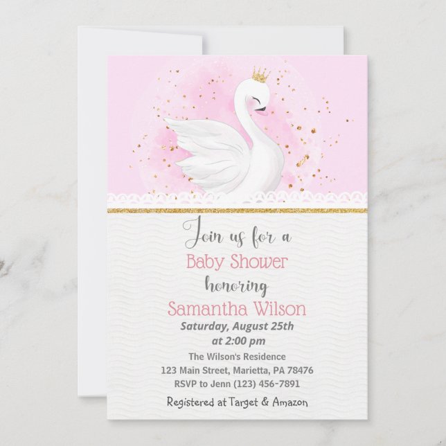 Invitación a Baby Shower de Princesa de Cisne Rosa (Anverso)