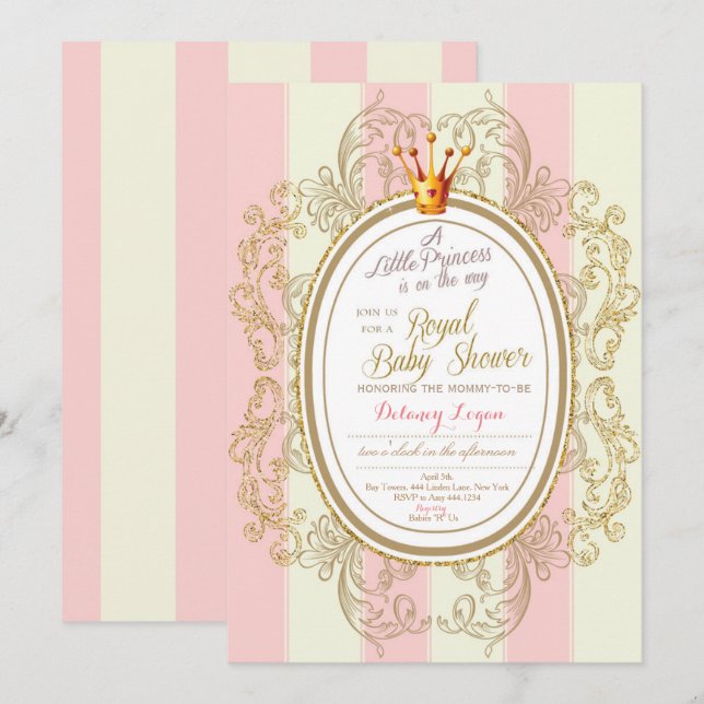 Invitación a Baby Shower de Princesa de Oro (Anverso / Reverso)