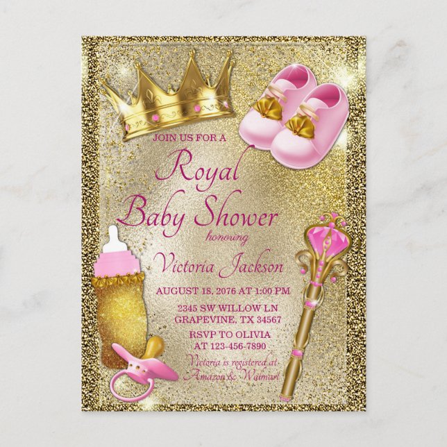 Invitación a Baby Shower de Princesa de Oro Rosa (Anverso)