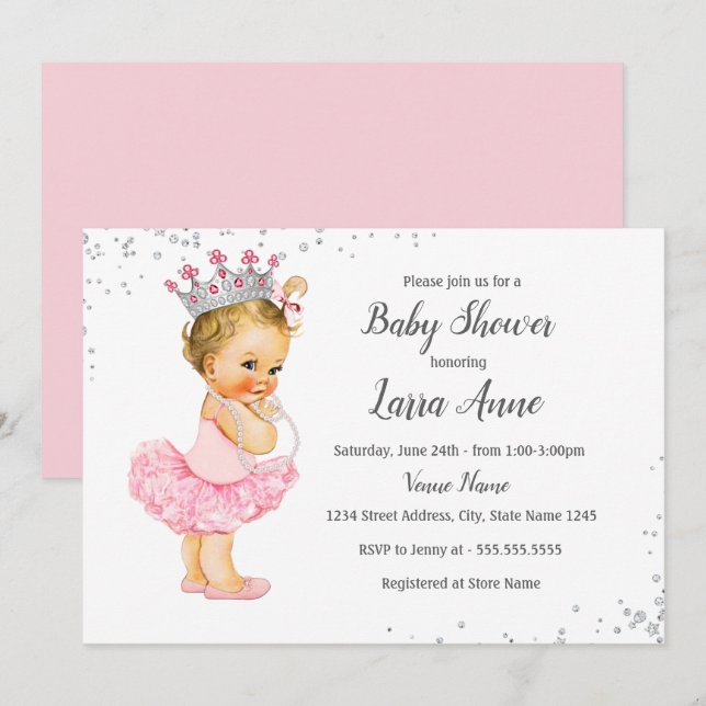 Invitación a Baby Shower de Princesa Rosa (Anverso / Reverso)