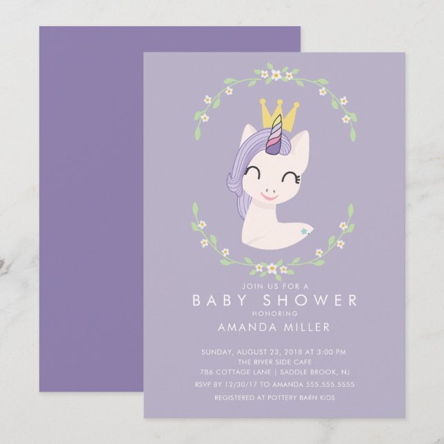 Invitación a Baby Shower de Princess Unicorn (Anverso / Reverso)