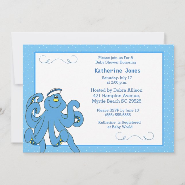 Invitación a Baby Shower de pulpo azul lindo (Anverso)