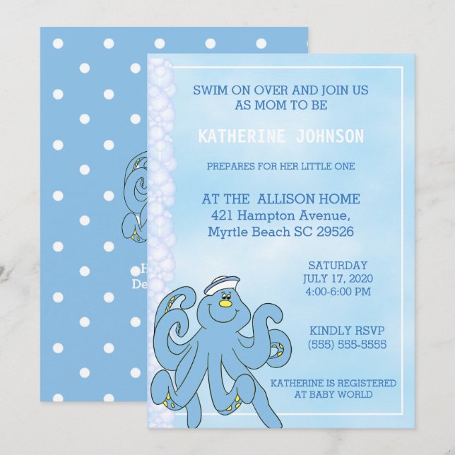 Invitación a Baby Shower de pulpo azul lindo (Anverso / Reverso)