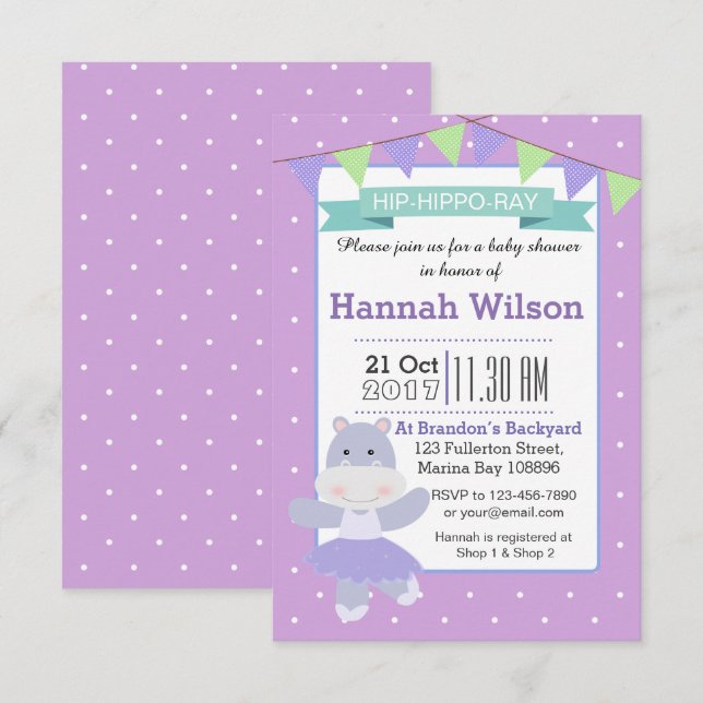 Invitación a Baby Shower de Purple Ballerina Hippo (Anverso / Reverso)
