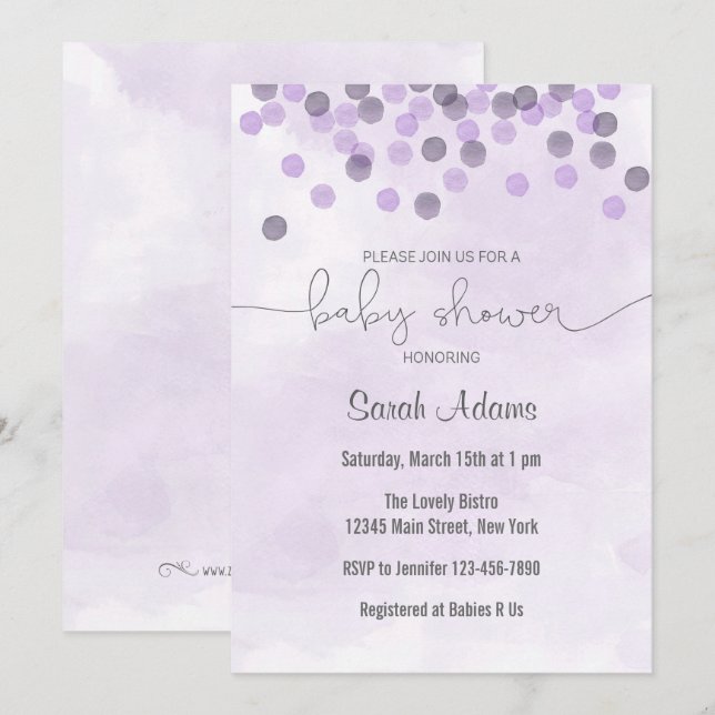 Invitación a Baby Shower de Purple Confetti (Anverso / Reverso)