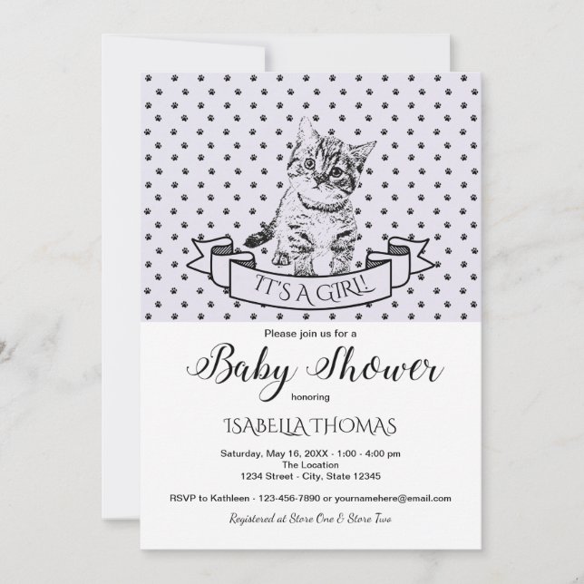 Invitación a Baby Shower de Purple Cute Kitten (Anverso)