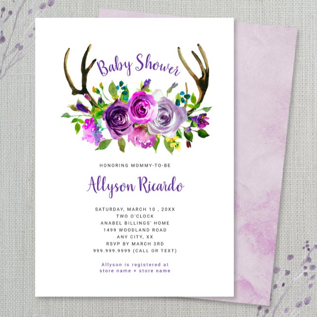 Invitación a Baby Shower de Purple Floral Boho Ant (Subido por el creador)