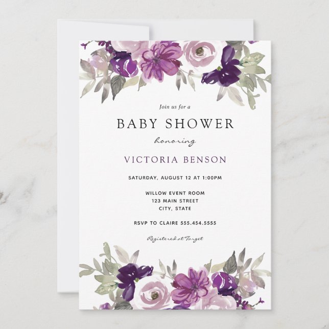 Invitación a Baby Shower de Purple Flowers (Anverso)