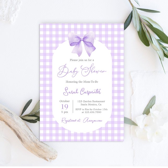 Invitación a Baby Shower de Purple Gingham con arc (Subido por el creador)