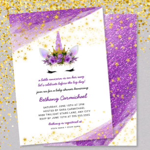 Invitación a Baby Shower de Purple Gold Unicorn