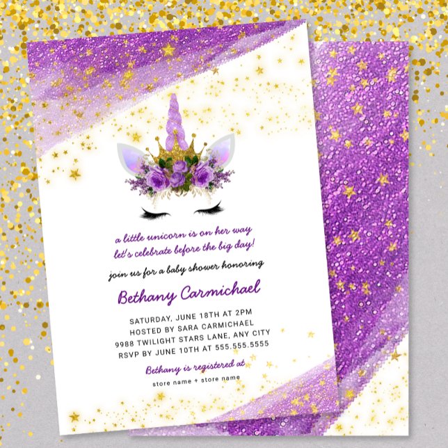 Invitación a Baby Shower de Purple Gold Unicorn (Subido por el creador)