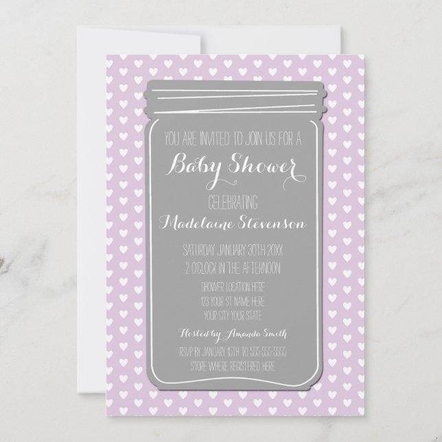 Invitación a Baby Shower de Purple Gray Heart Maso (Reverso)