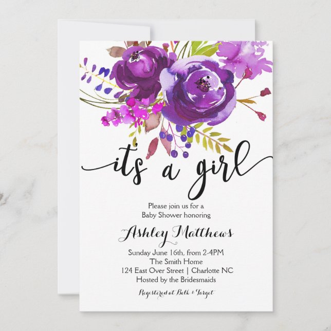 Invitación a Baby Shower de Purple Lavender Floral (Anverso)