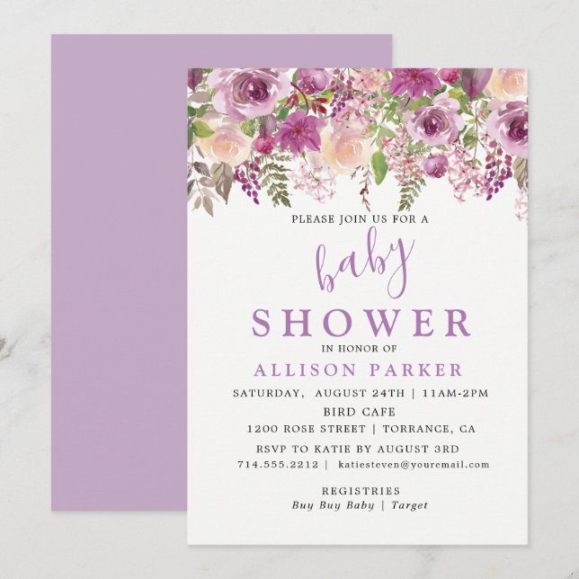 Invitación a Baby Shower de Purple Lavender Floral (Anverso / Reverso)