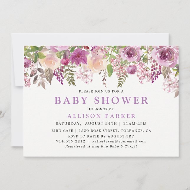 Invitación a Baby Shower de Purple Lavender Floral (Anverso)