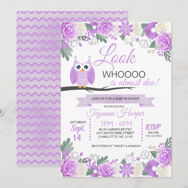 Invitación a Baby Shower de Purple Owl Floral (Anverso / Reverso)