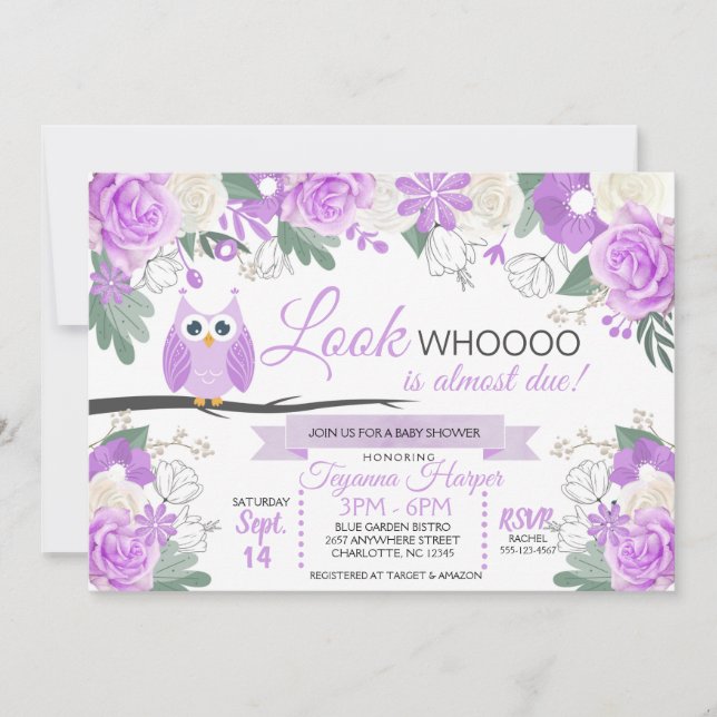 Invitación a Baby Shower de Purple Owl Floral (Anverso)