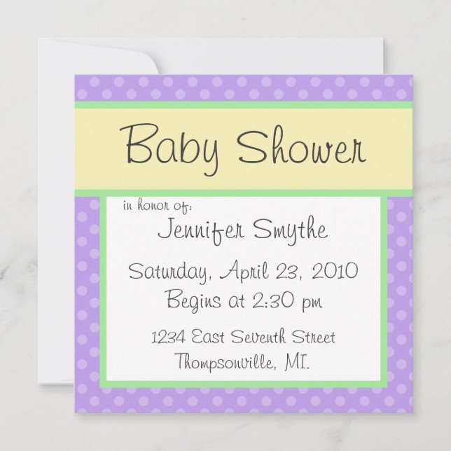 Invitación a Baby Shower de Purple Polka Dotty (Anverso)
