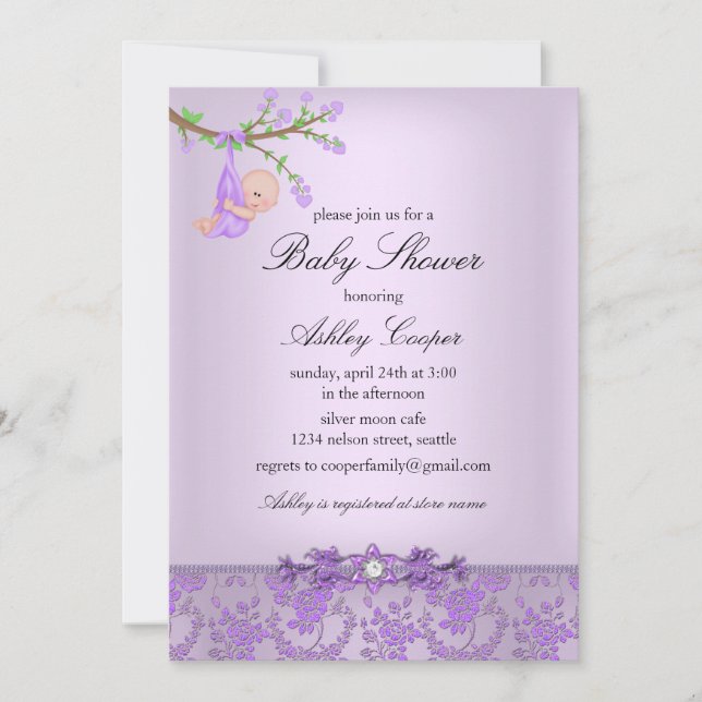 Invitación a Baby Shower de Purple Rosa Garden (Anverso)