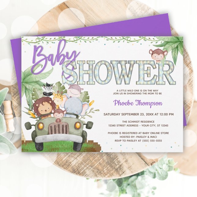 Invitación a Baby Shower de Purple Safari Animals (Purple Safari Animals Baby Shower Invitation)