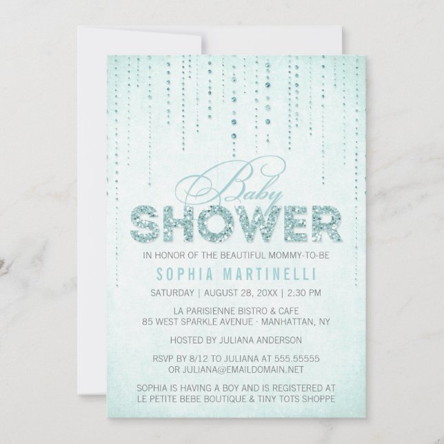 Invitación a Baby Shower de Purpurina azul (Anverso)