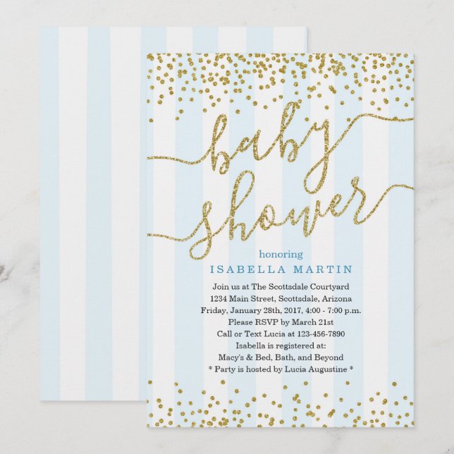 Invitación a Baby Shower de Purpurina azul y oro p (Anverso / Reverso)