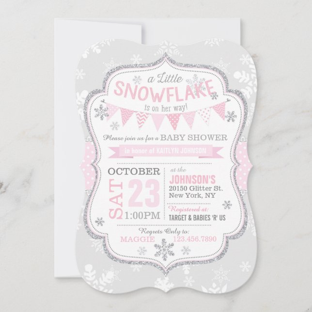 Invitación a Baby Shower de Purpurina de copo de n (Anverso)