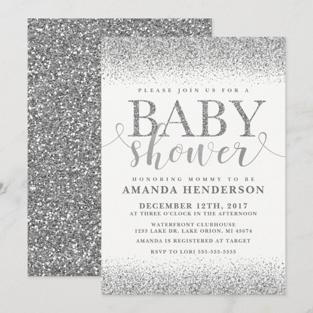 Invitación a Baby Shower de Purpurina de imitación (Anverso / Reverso)