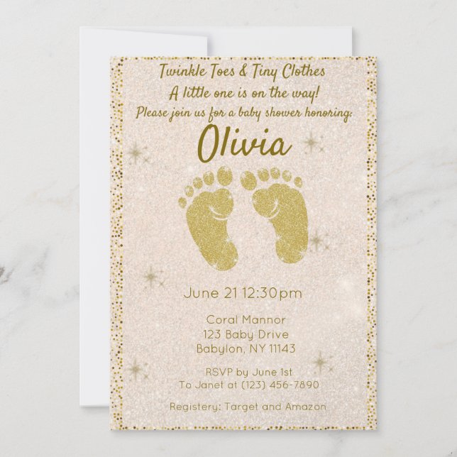 Invitación a Baby Shower de Purpurina de oro (Anverso)