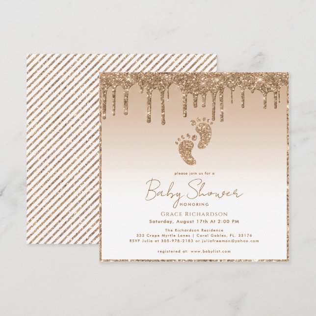 Invitación a Baby Shower de Purpurina de oro con p (Anverso / Reverso)