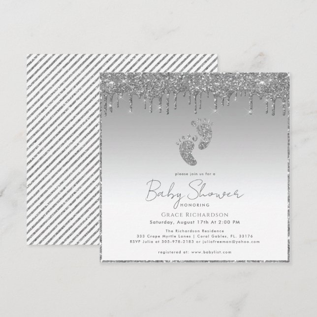 Invitación a Baby Shower de Purpurina plateado (Anverso / Reverso)