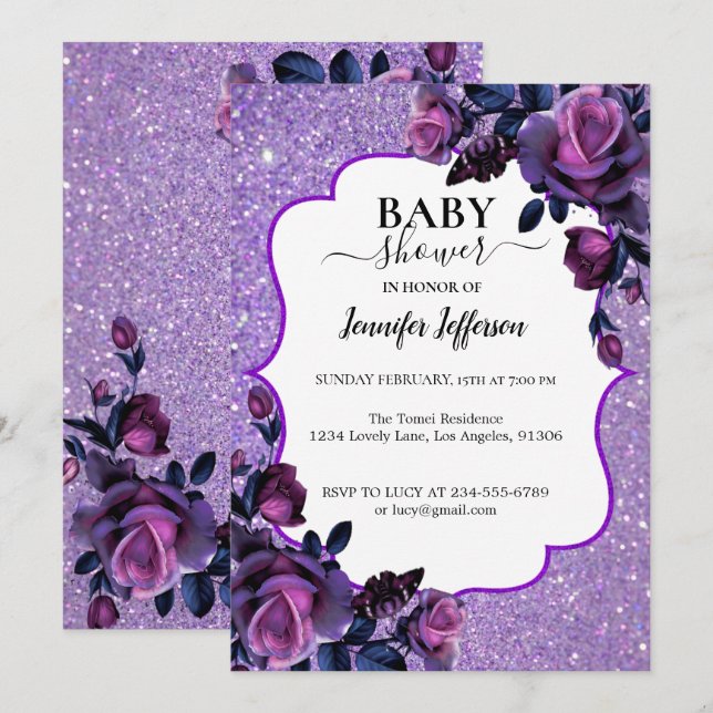 Invitación a Baby Shower de purpurina Purple Flora (Anverso / Reverso)