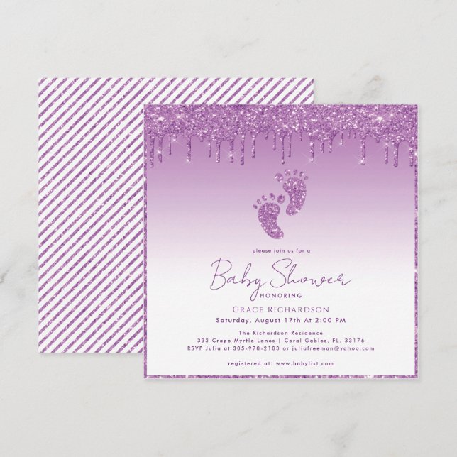 Invitación a Baby Shower de Purpurina púrpura (Anverso / Reverso)
